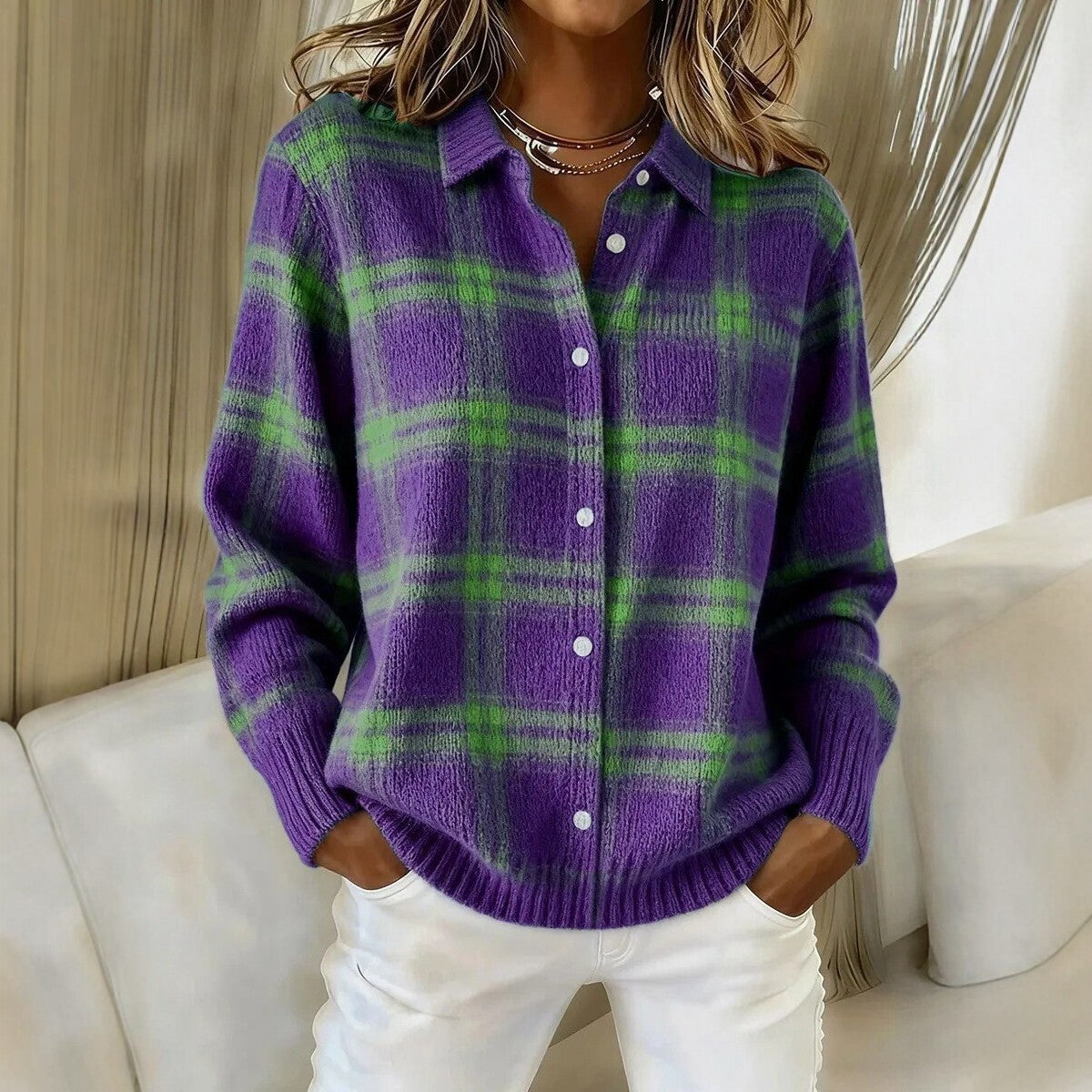 Damen Kariertes Strick-Hemdjacke-Cardigan mit Hemdkragen und gerippten Bündchen Chichicherry