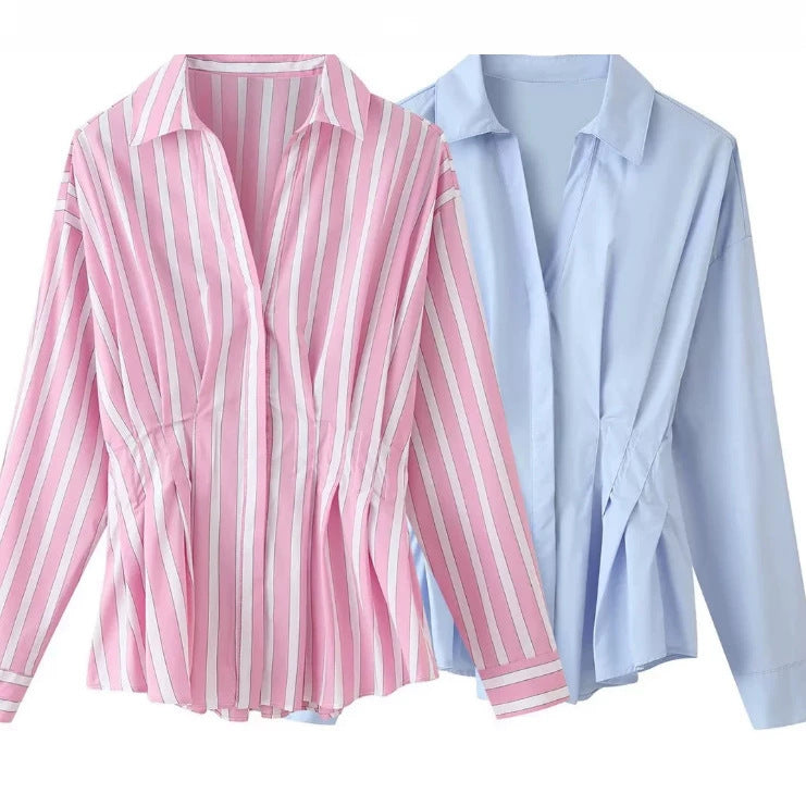 Women tailored blouse with tuck pleats and shirt collar Chichicherry