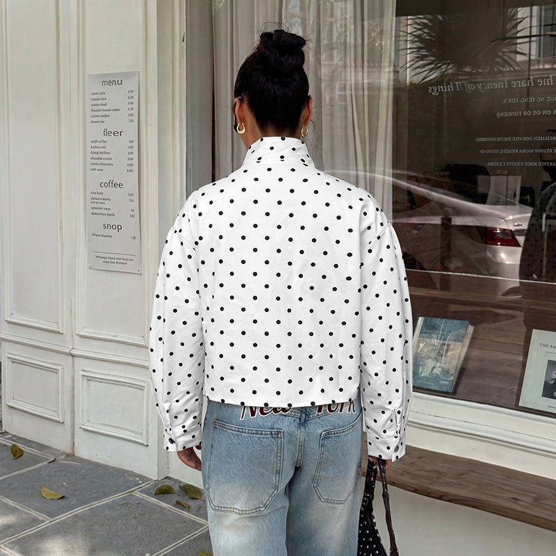 Women's short cut polka dot transitional jacket with stand-up collar and snap button closure Chichicherry