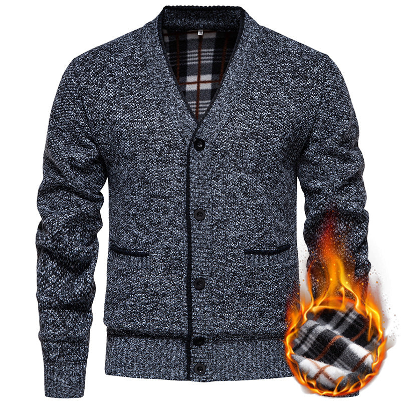 Men's Structured V-Neck Knit Cardigan with Contrasting Edge and Checked Lining Chichicherry