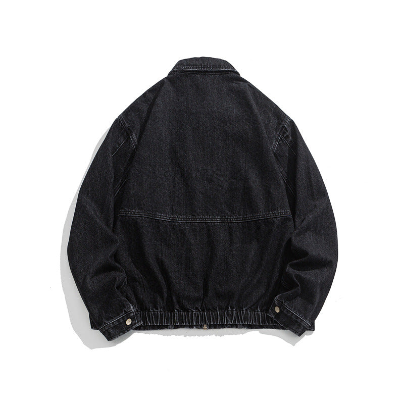 Unisex Short Cut Denim Worker Jacket with Continuous Zipper and Boxy Silhouette Chichicherry