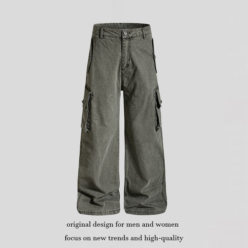 Women's Wide Cargo Culotte Pants in Vintage Wash with High Waist and Multiple Pockets Chichicherry