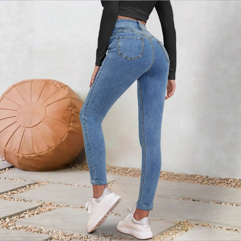 Women High-Waisted Sculpting Skinny Jeans with Double Button and Cuff Detail Chichicherry