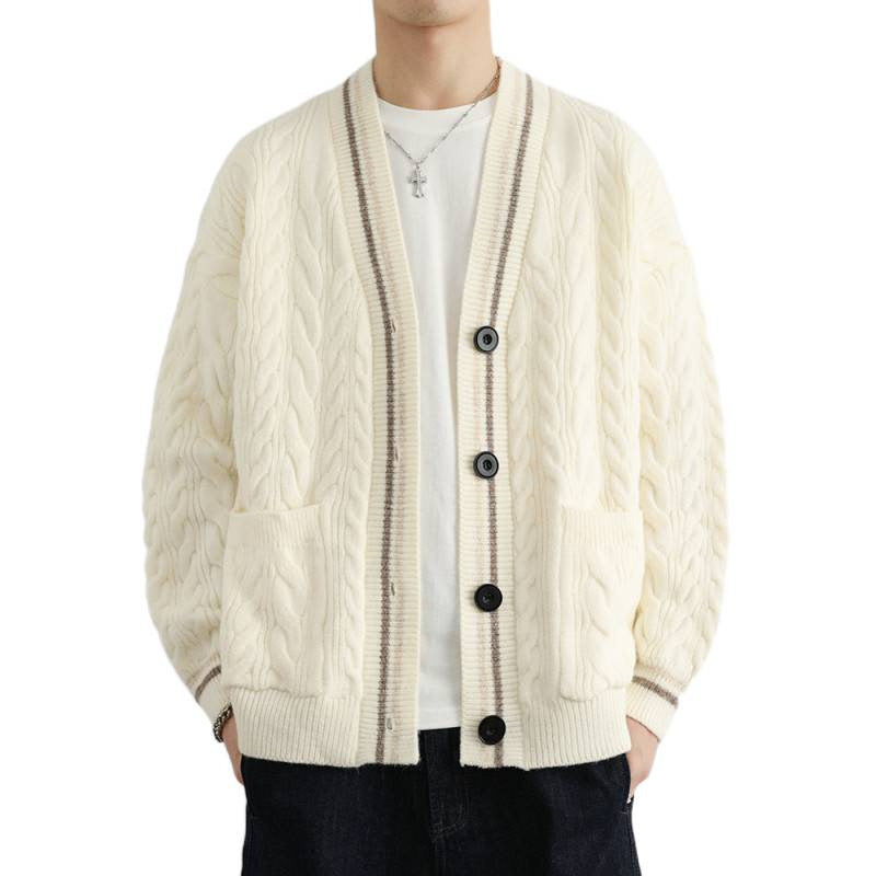 Herren Grober Zopfstrick-Cardigan mit aufgesetzten Taschen und Kontraststreifen Chichicherry