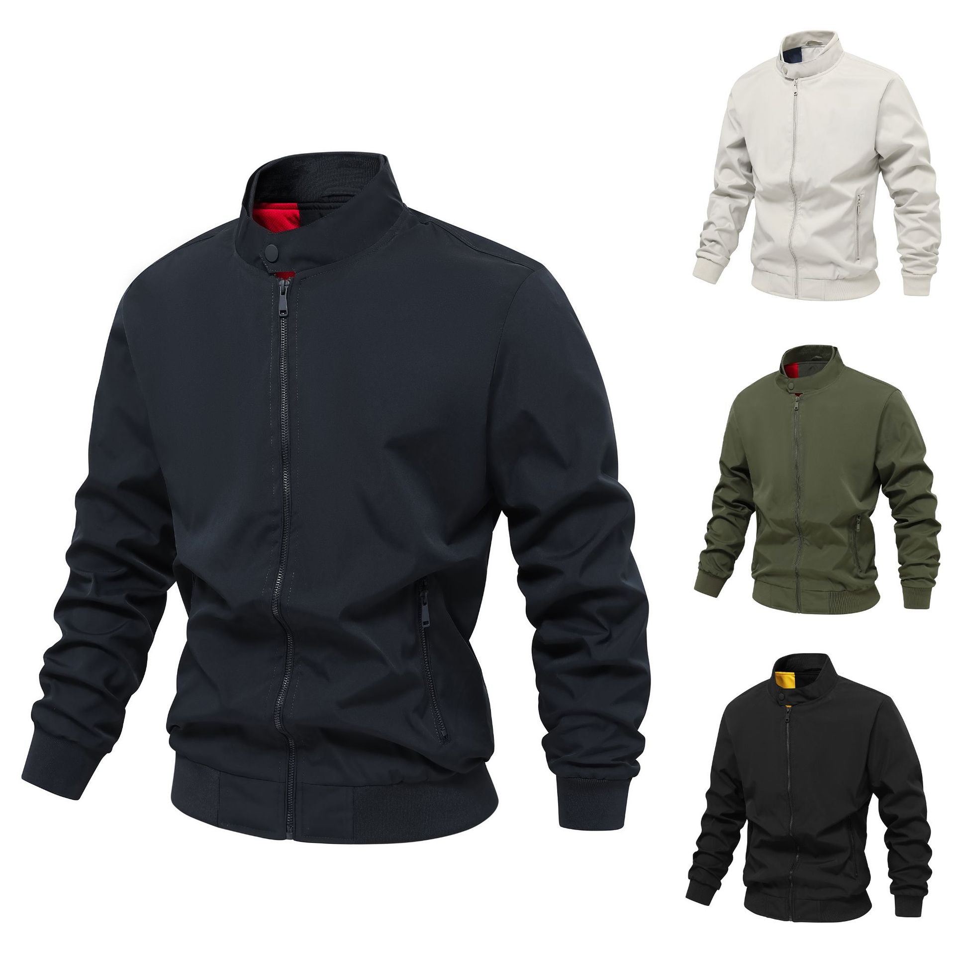 Men's Lightweight Nylon Bomber with Ribbed Cuffs Stand Collar and Breathable Mesh Lining Chichicherry