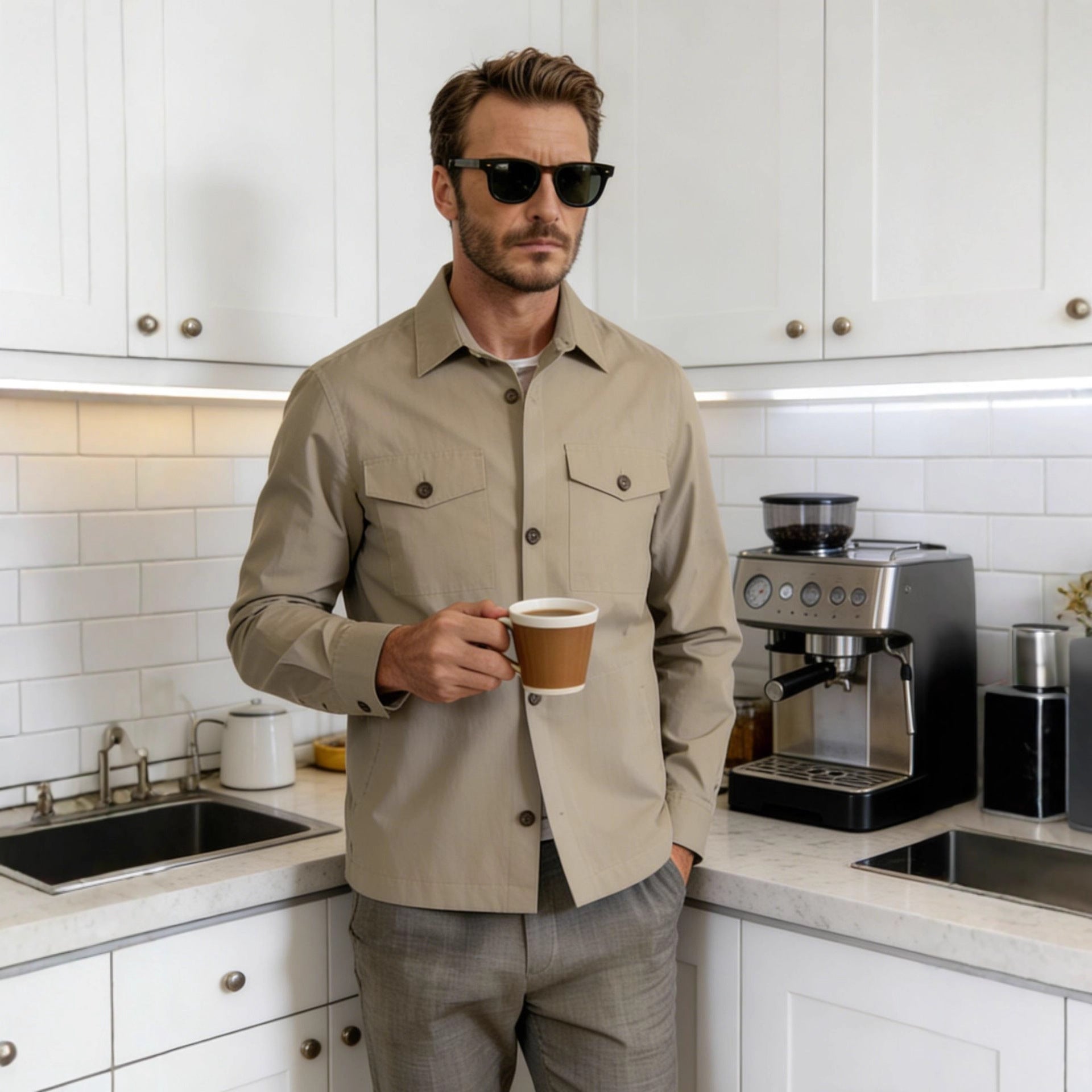 Herren Overshirt-Hemdjacke mit Pattentaschen und klassischem Hemdkragen Chichicherry