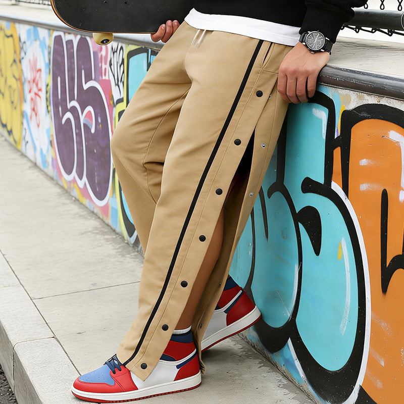 Men's Sporty Snap Track Pants with Side Snap Stripes and Drawstring Chichicherry