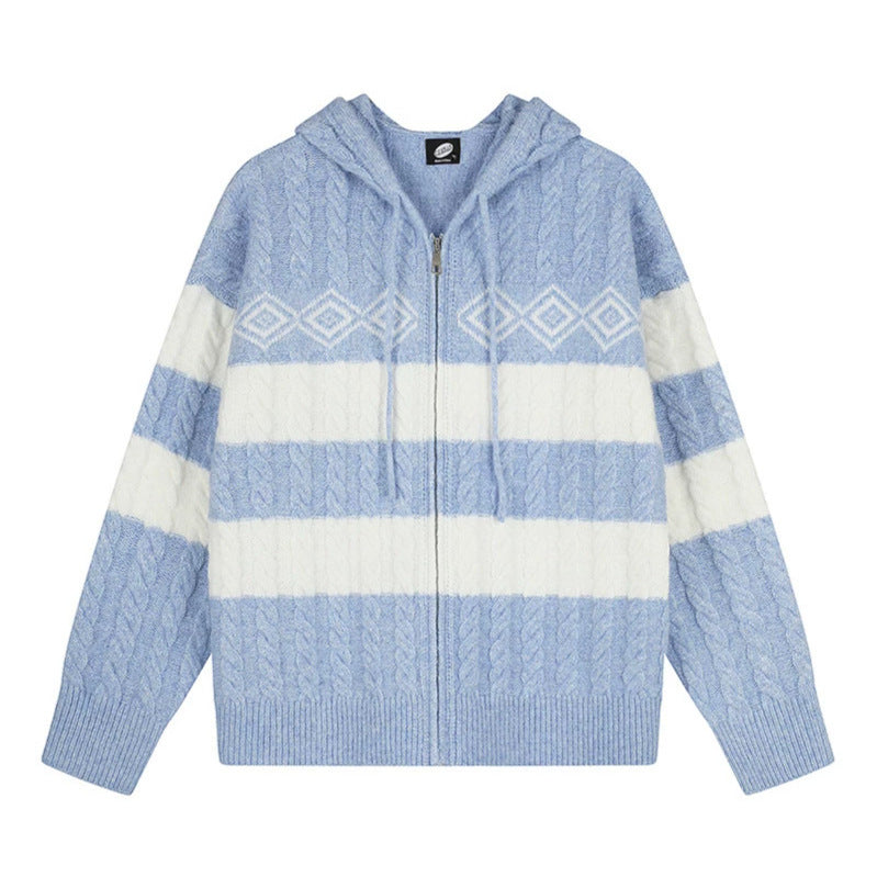 Women's chunky knit hooded cardigan with cable knit, block stripes, and full-length zipper Chichicherry