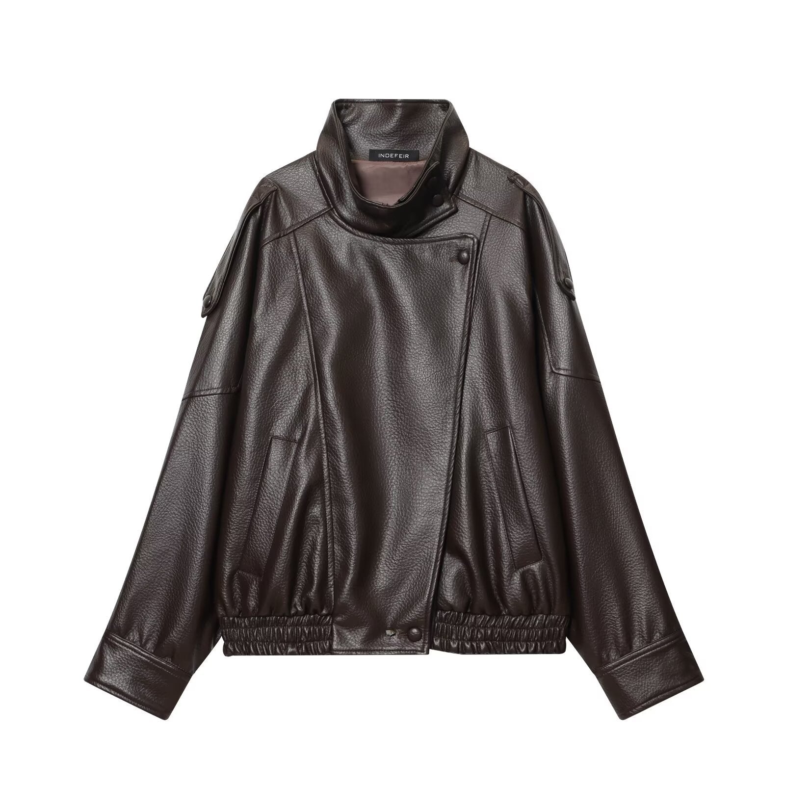Ladies short-cut faux leather pilot jacket with high stand-up collar and shoulder straps Chichicherry