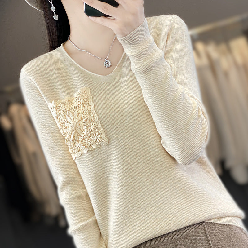 Women's Cashmere-Optic V-Neck Sweater with Floral Crochet Application Chichicherry