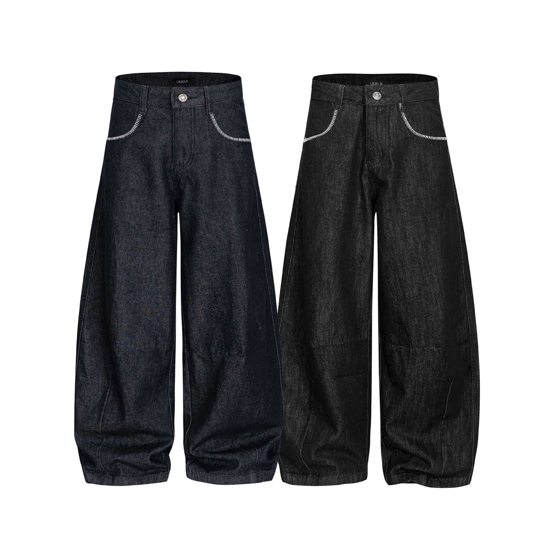 Women's wide denim culotte-style trousers with a high waist and elastic hem.