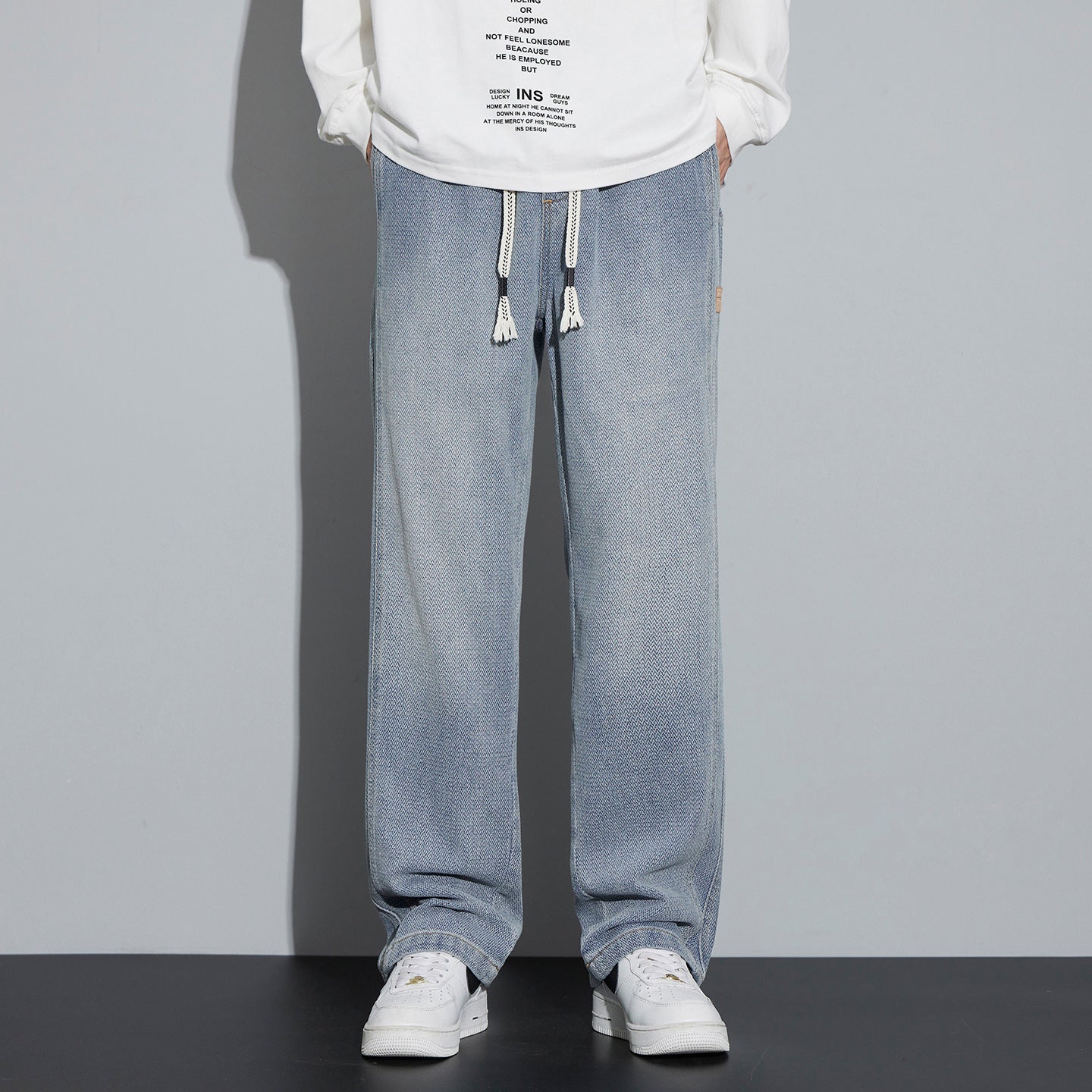 Men's Wide Denim Jogging Pants with Woven Drawstring and Herringbone Texture Chichicherry
