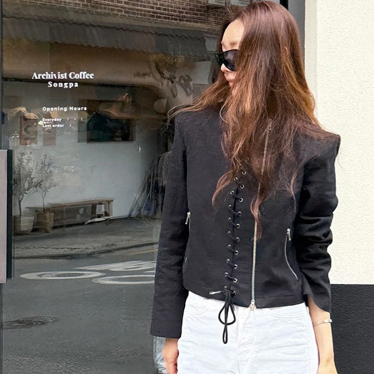 Women's Short Cut Lace-Up Biker Jacket with Asymmetrical Zipper Chichicherry