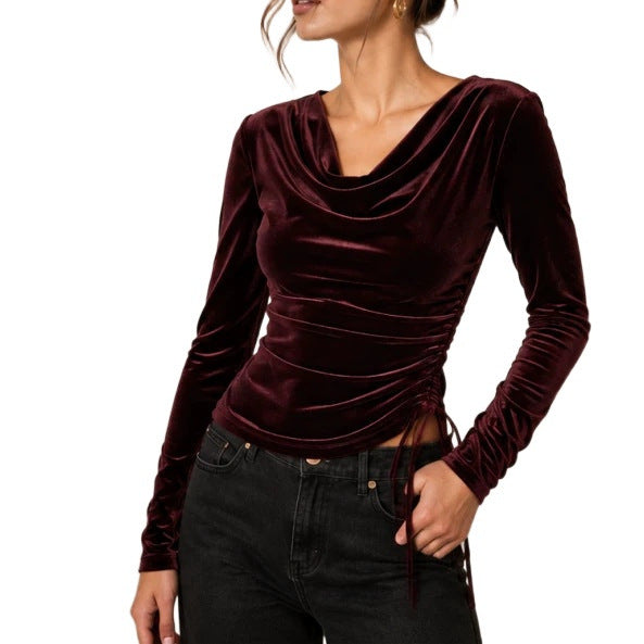 Women's velvet top with waterfall collar, side gathering and lacing detail Chichicherry