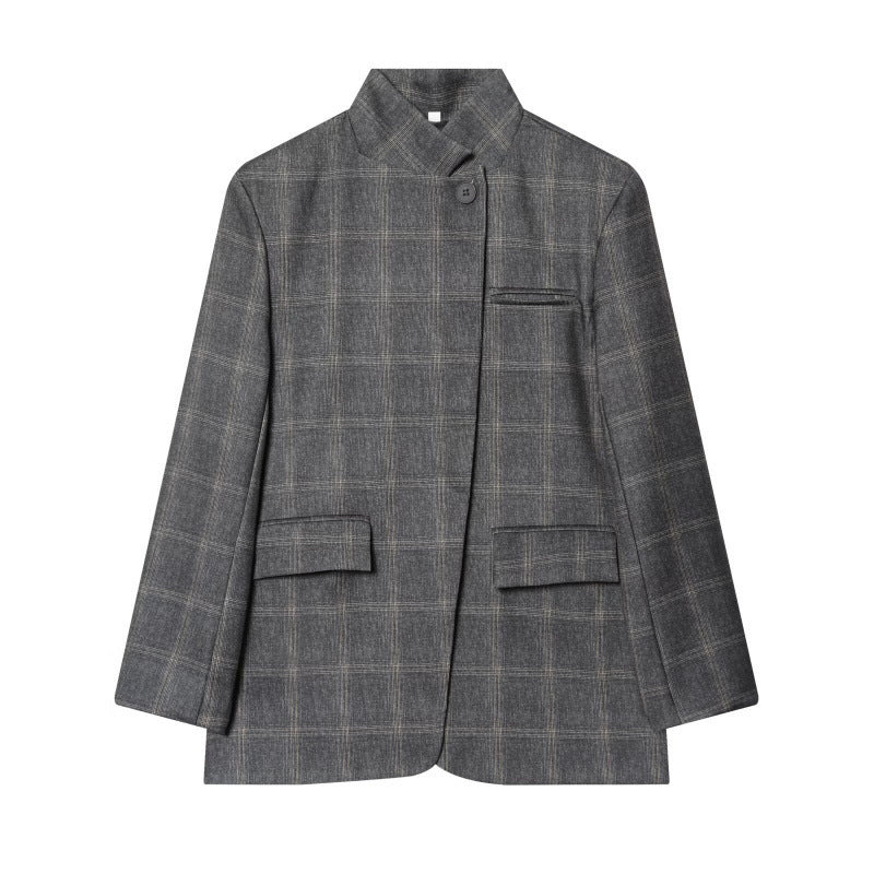 Women's tailored check blazer with stand-up collar, concealed button placket and flap pockets Chichicherry
