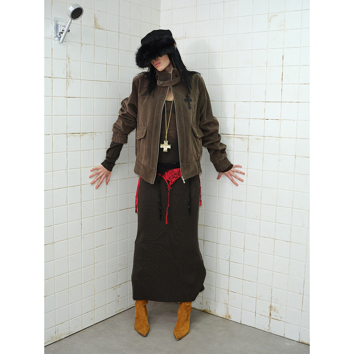 Men's short cut velour blouson jacket with funnel collar, patch pockets, and decorative cross application Chichicherry