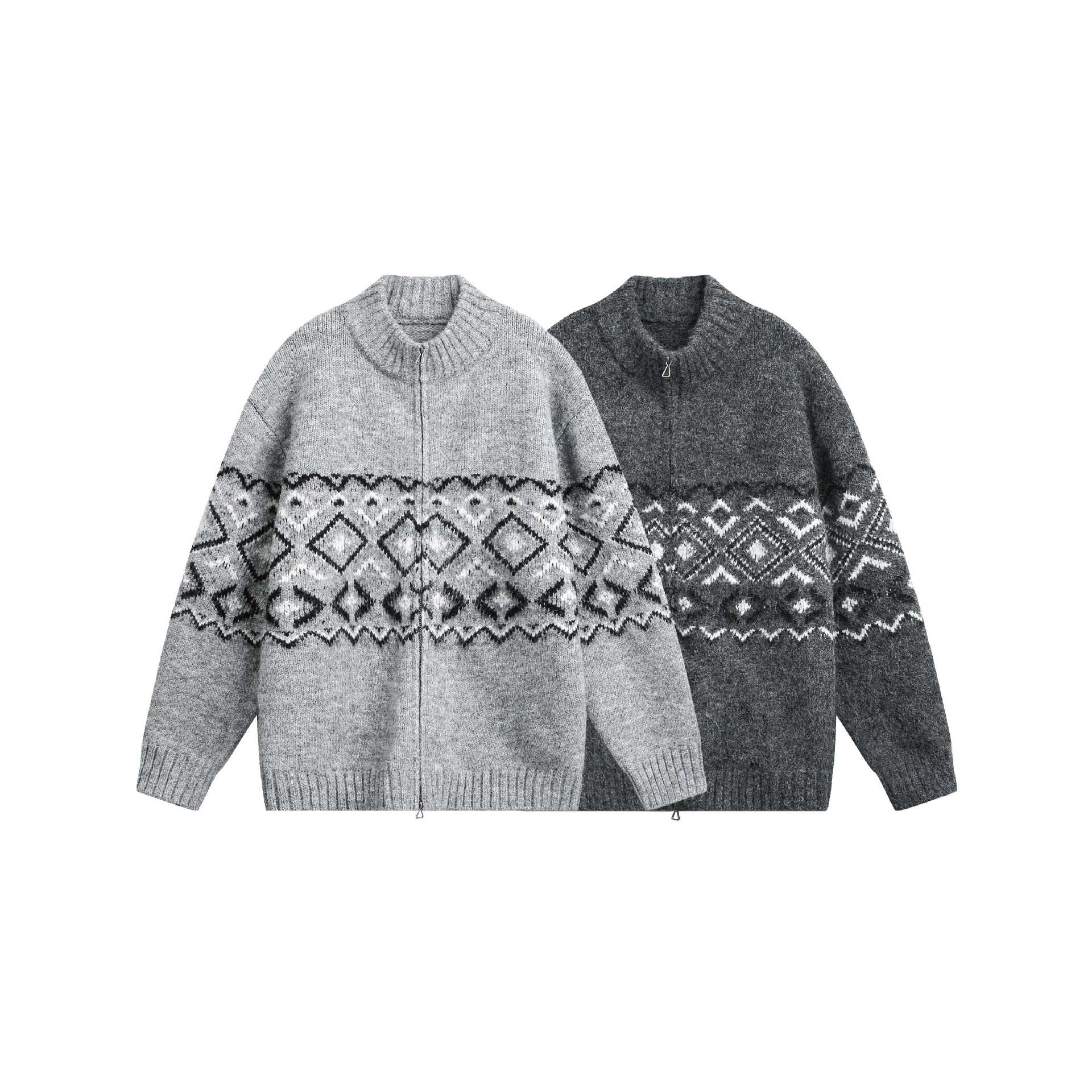 Women's chunky knit zip jacket with Norwegian pattern and high ribbed collar Chichicherry