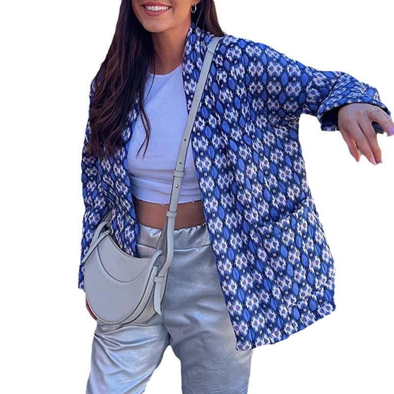 Women's Patterned Kimono Quilted Jacket with Open Front and Patch Pockets Chichicherry