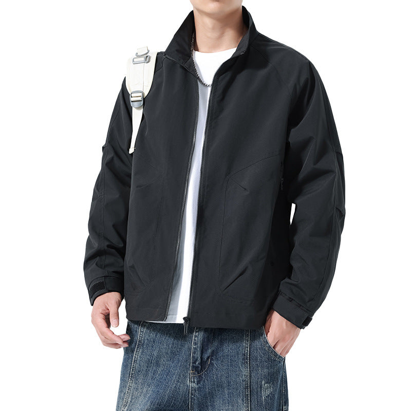 Men's Lightweight Utility Transitional Jacket with Stand Collar, Raglan Sleeves, and Adjustable Velcro Cuffs Chichicherry