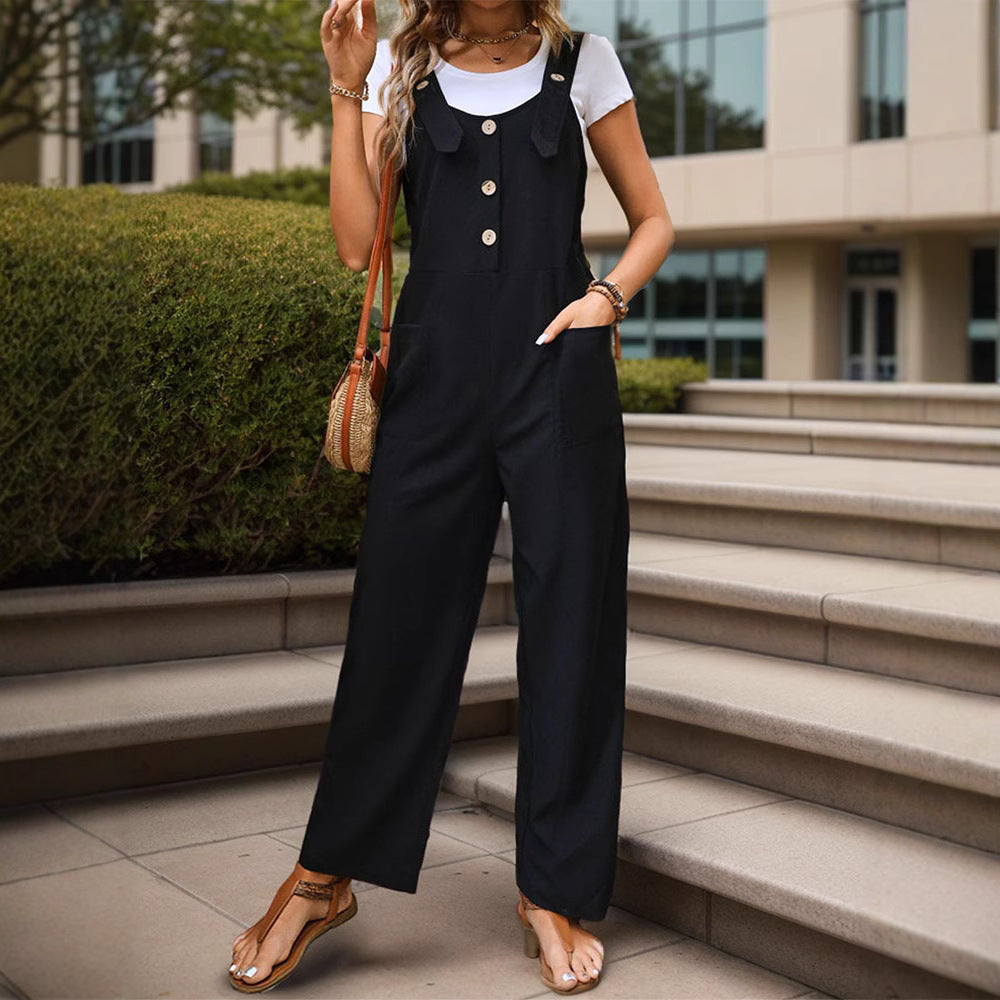 Ladies Soft-Falling Strap Jumpsuit with Wide Leg and Wooden Button Closure Chichicherry