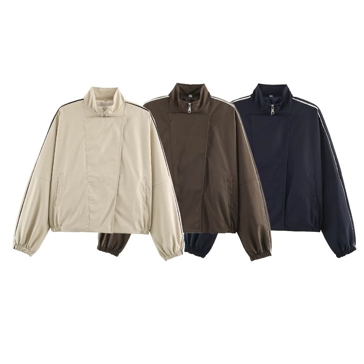Women's Oversize Bomber Jacket in Blouson Style with High Stand-Up Collar, Concealed Zipper and Contrast Piping Chichicherry
