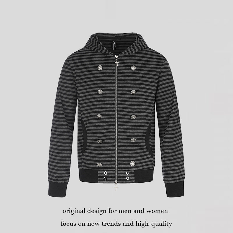 Women's Striped Hooded Sweat Jacket with Decorative Double Row, Metal Zipper and Hood Chichicherry