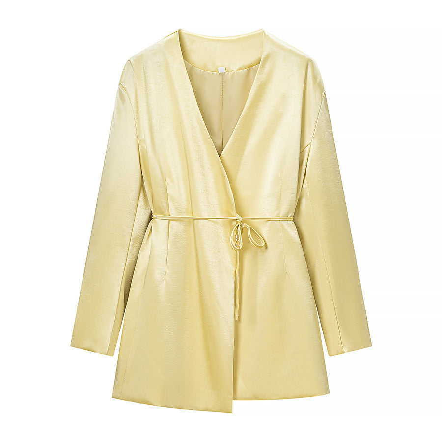 Ladies Two-Piece Satin Ensemble with Wrap Blazer and Wide Pleated Trousers Chichicherry