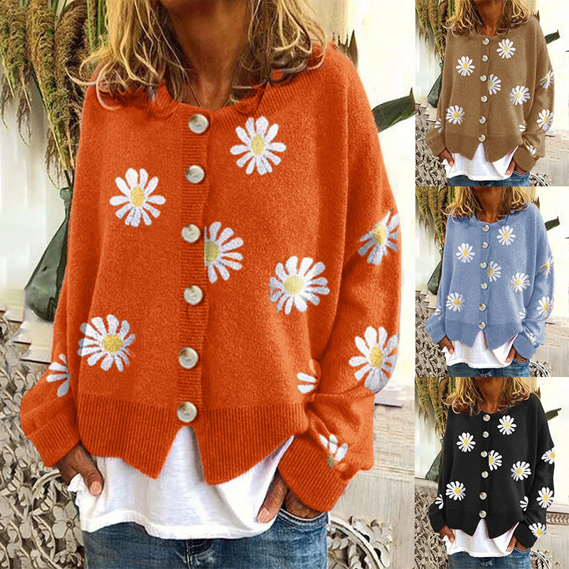 Women's Oversized Knit Cardigan with Button Placket and Daisy Print Chichicherry
