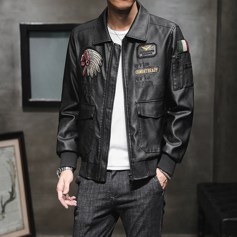 Men's bomber jacket in pilot look made of faux leather with applied patches and multifunctional pockets Chichicherry