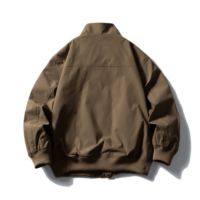 Men's Boxy Bomber Jacket with Stand-Up Collar, Concealed Snap Button Placket, and Elastic Ribbed Cuffs Chichicherry