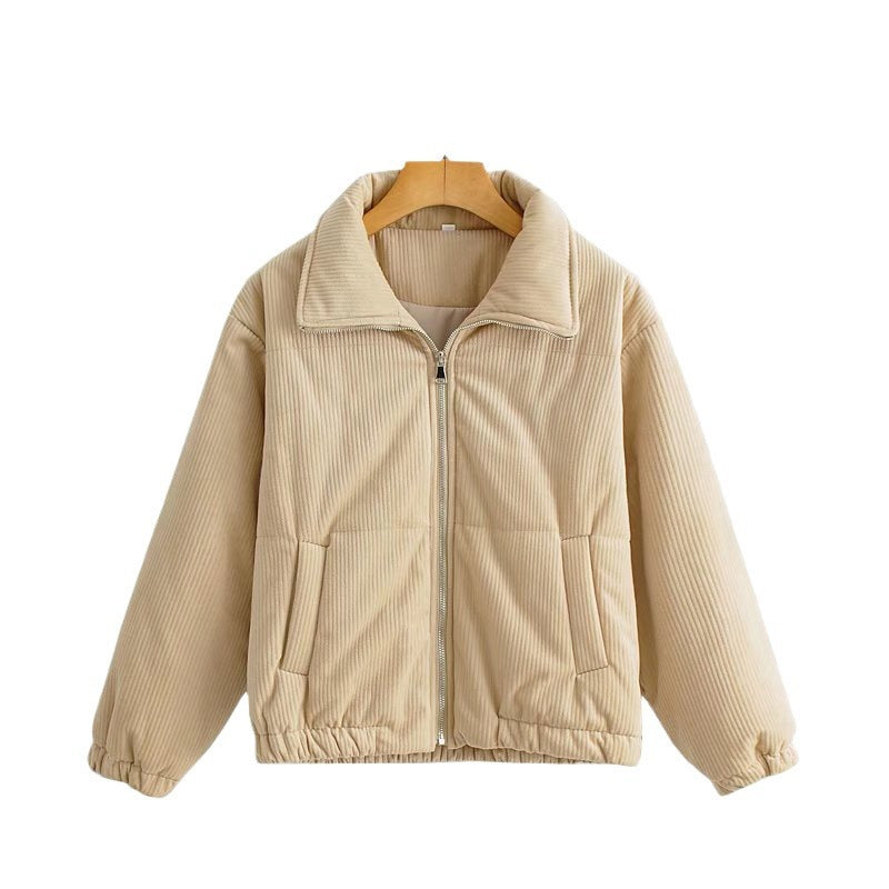 Women's Padded Cord Quilted Jacket with Stand-Up Collar and Elastic Hem Chichicherry