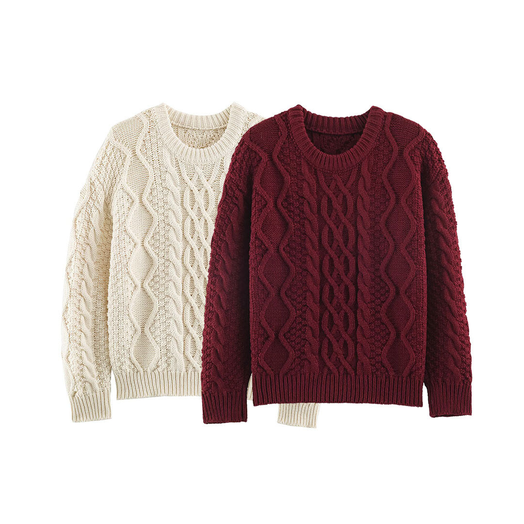 Women's chunky braided knit sweater with round neck and texture mix Chichicherry