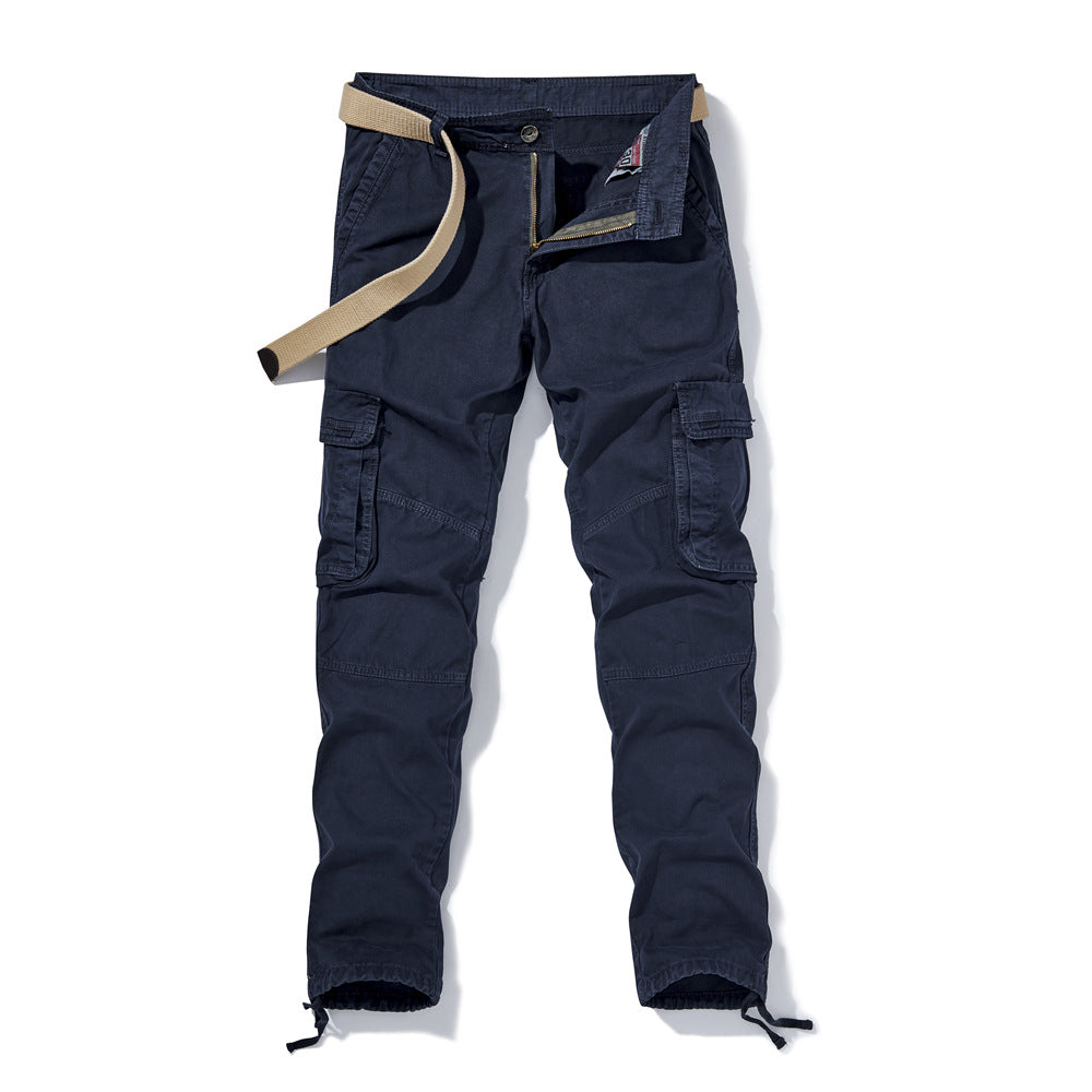 Men's cargo pants with reinforced knees, drawstring leg cuffs, and integrated belt.