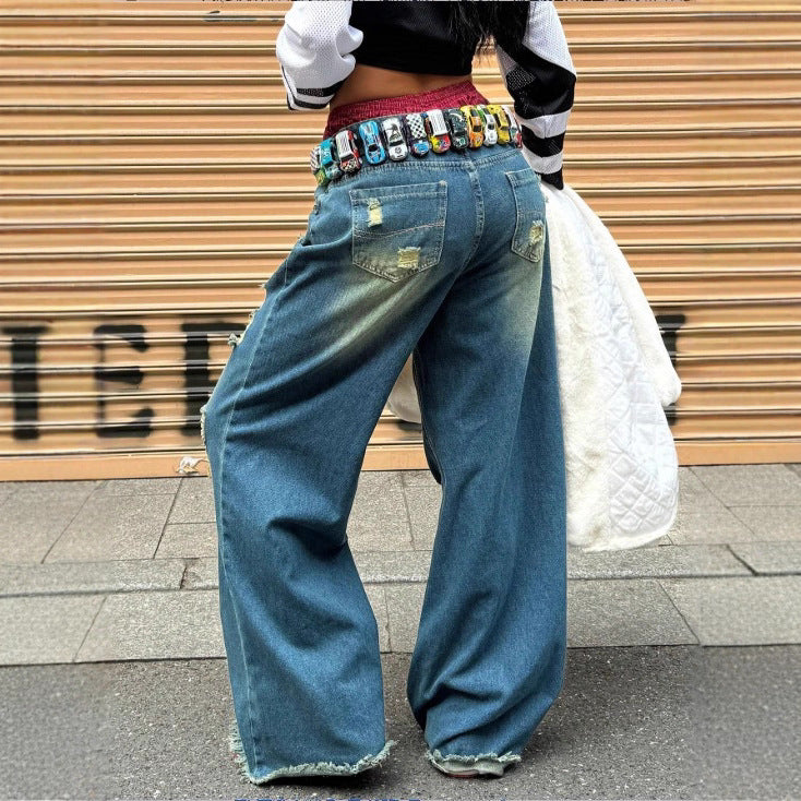 Women's wide Destroyed-Denim-Jeans with Neon Fringe Application Chichicherry