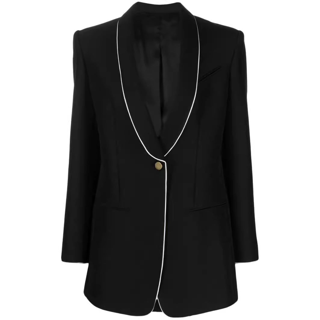 Women Oversize Blazer in Tuxedo Style with Contrasting Piping and Single Button Front Chichicherry