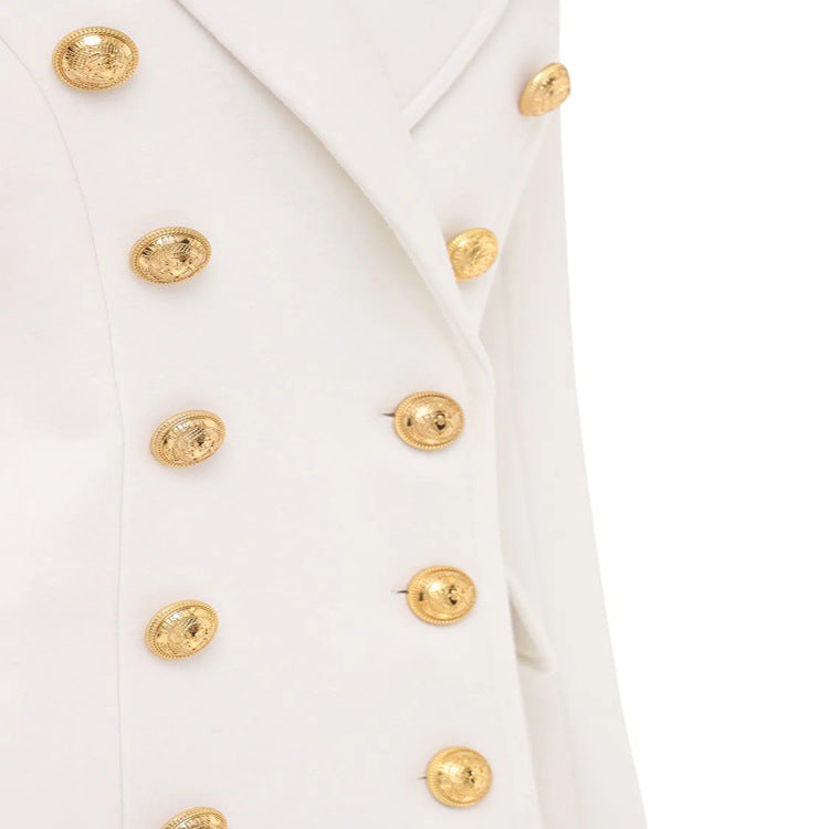 Women Narrow Cut Double-Breasted Wool Blend Long Coat with Distinctive Shoulder and Golden Decorative Round Buttons Chichicherry