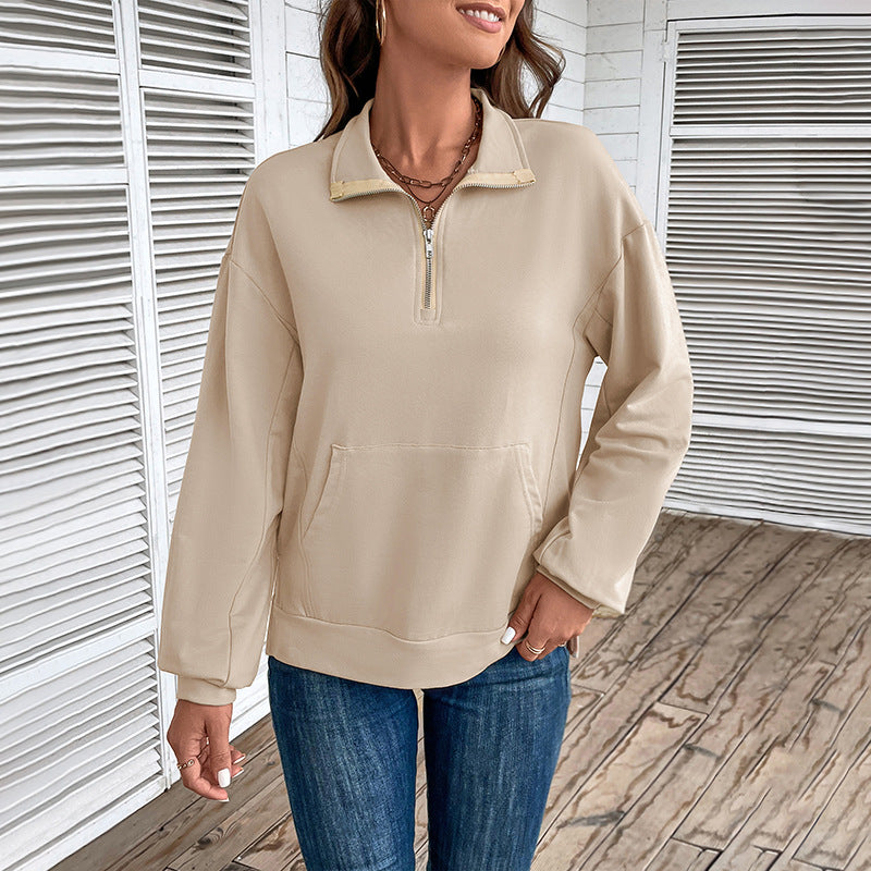 Women's Lightweight Half-Zip Sweatshirt in Relaxed Fit with Kangaroo Pocket and Stand-Up Collar Chichicherry
