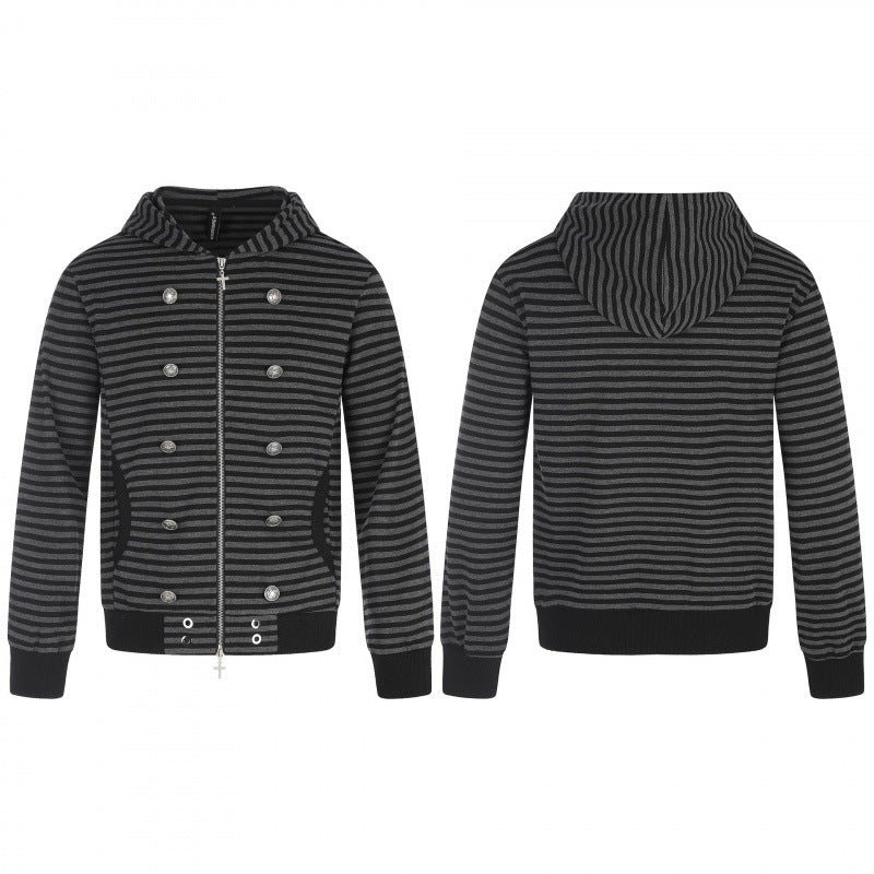 Unisex Striped Hooded Zip Jacket in Double-Breasted Look with Metal Buttons Chichicherry