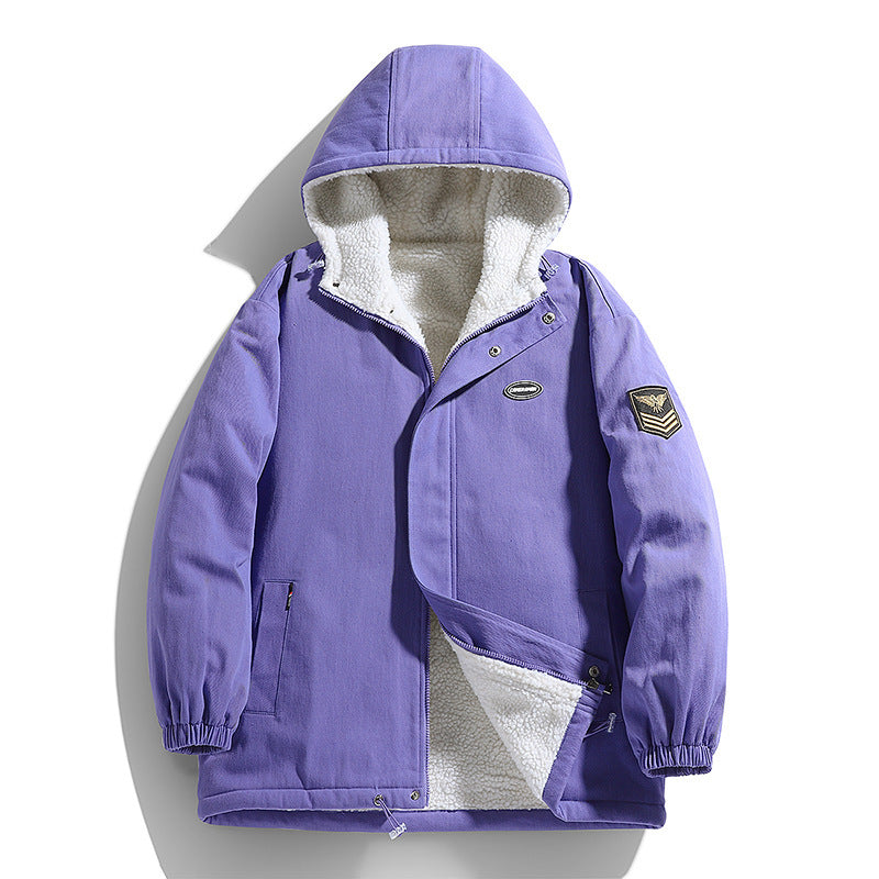 Men's Hooded Canvas Parka with Teddy Fleece Lining and Military Patch Chichicherry