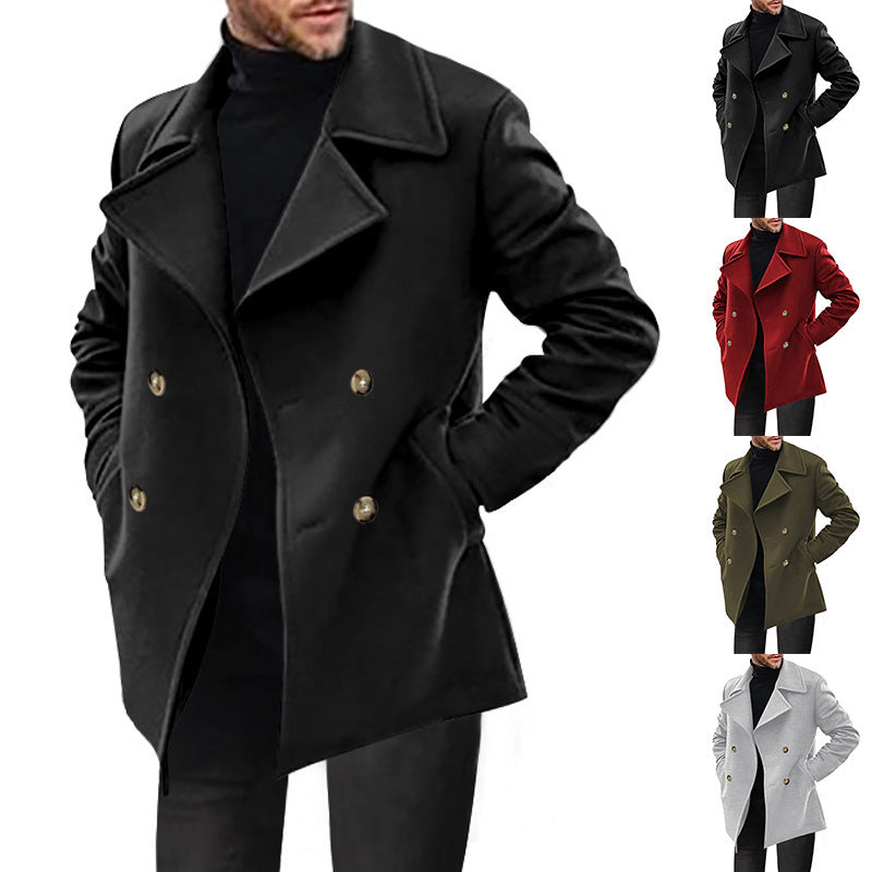 Men's Double-Breasted Tailored Peacoat with Wide Lapels and Pockets Chichicherry