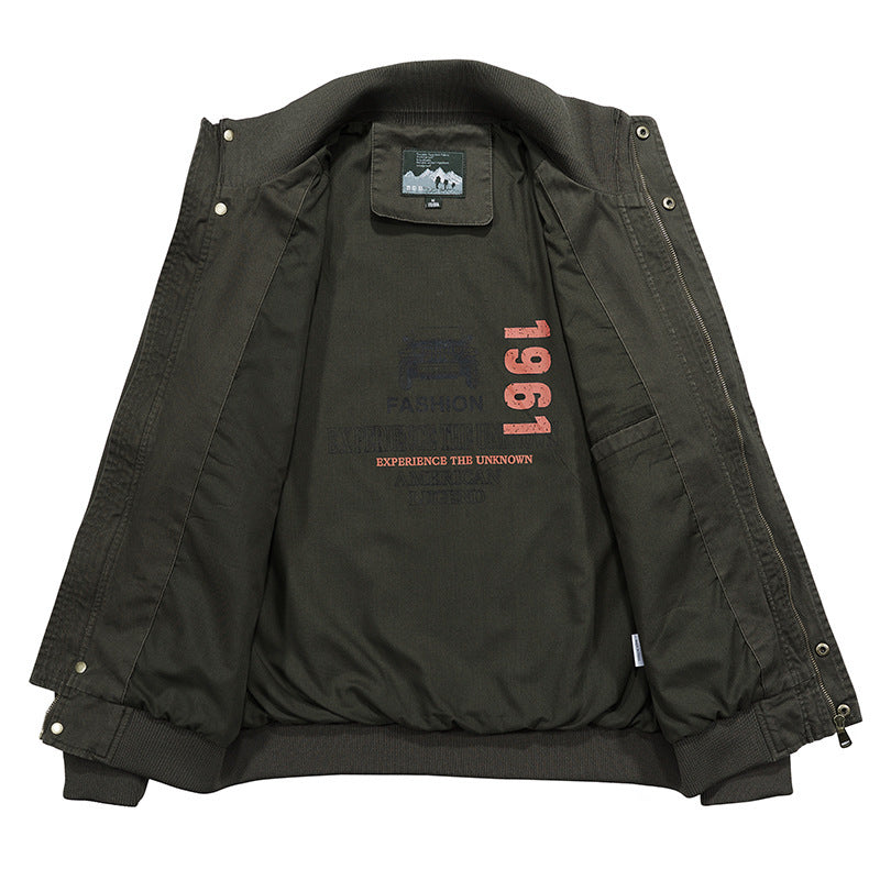 Men's utility canvas jacket with high stand-up collar, shoulder patches, and double front opening Chichicherry