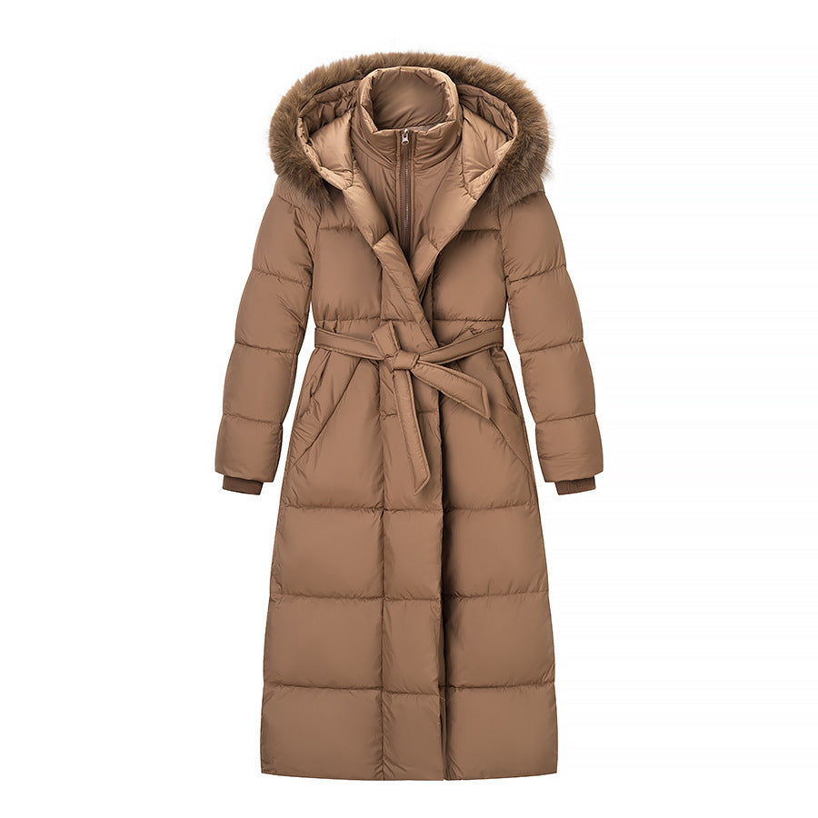 Women's Longer Quilted Down Coat with Hood, Faux Fur Trim and Waist Belt Chichicherry