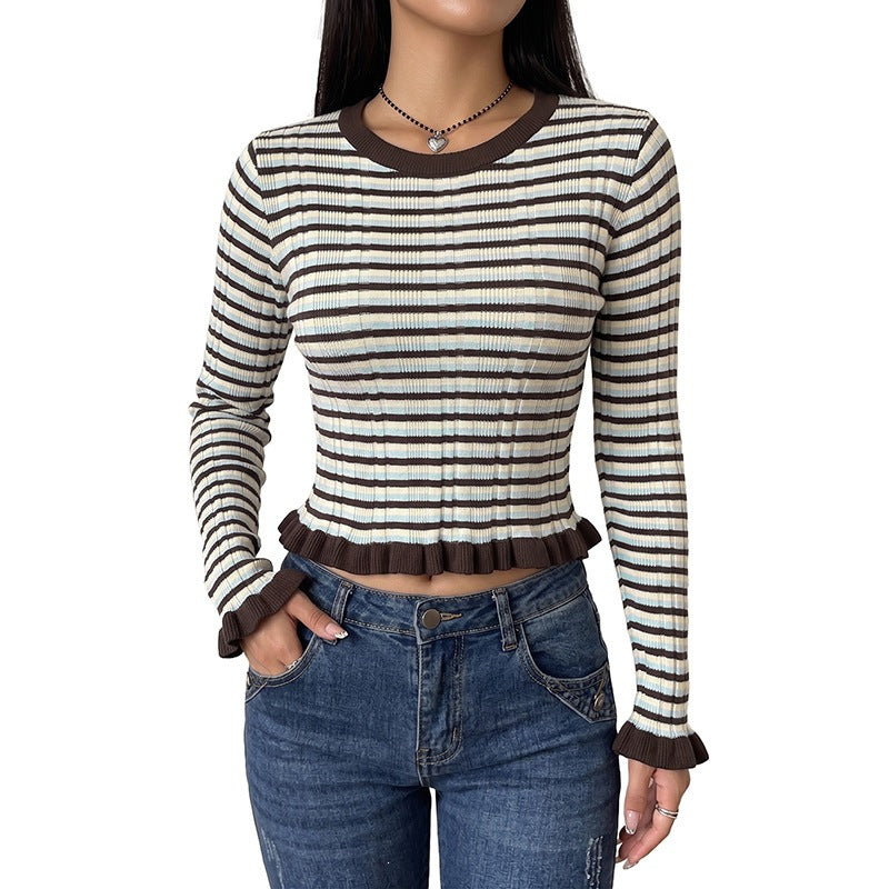 Women's fitted ribbed cropped long sleeve with frill edge and fine stripe pattern Chichicherry