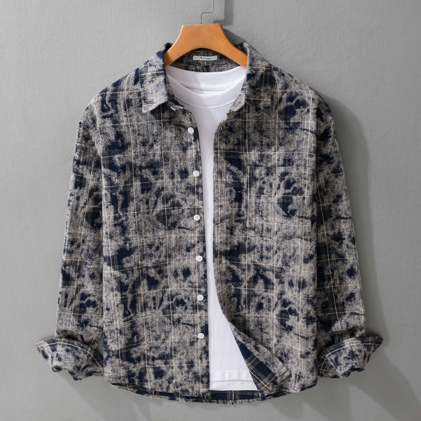 Men Bleached Check Flannel Overshirt Jacket in Used Look Chichicherry