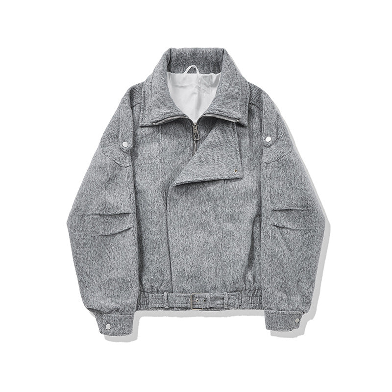 Ladies short cut wool blend biker jacket with asymmetric front and waist belt Chichicherry