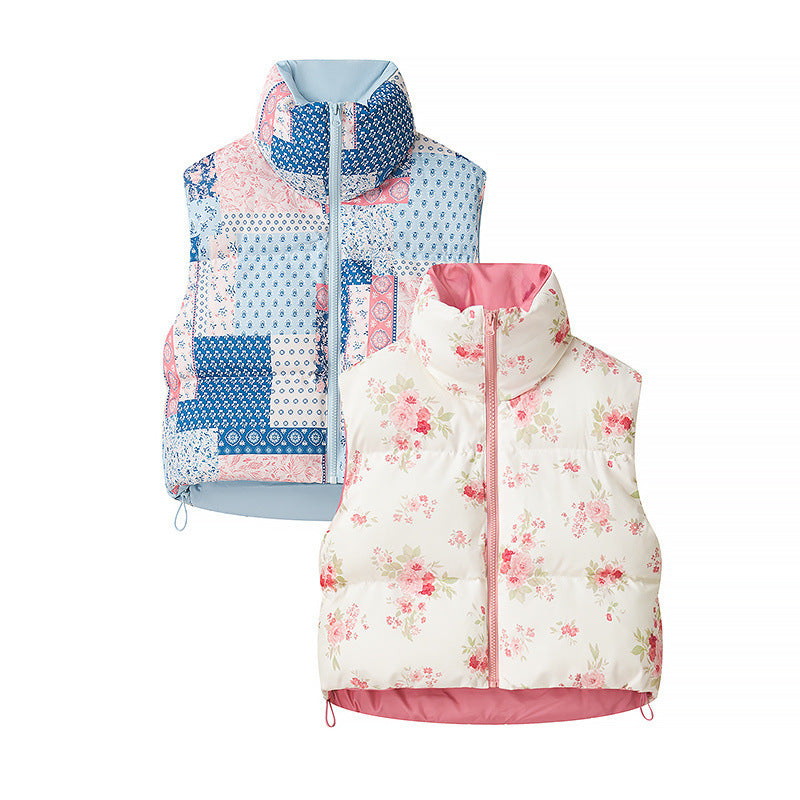 Women's Quilted Short Vest with Stand-Up Collar, Patchwork Bandana Print and Drawstring Chichicherry