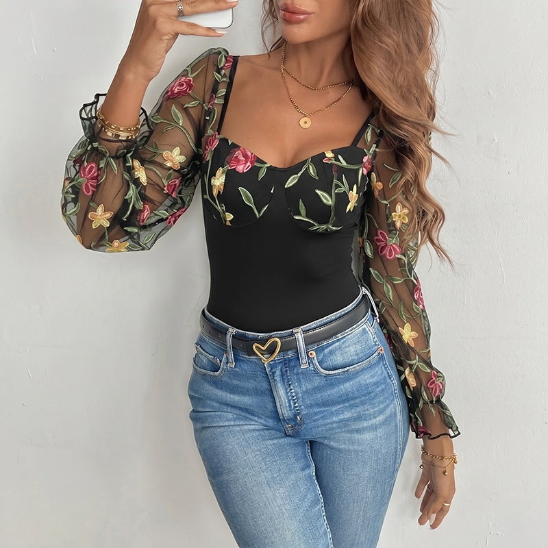 Women's shaping mesh bodysuit with corset look, balconette neckline and embroidered sheer sleeves Chichicherry