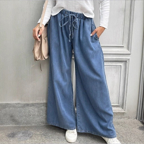 Women's Long Denim Maxi Skirt with Drawstring Waist, Wide A-Line Cut and Side Pockets Chichicherry