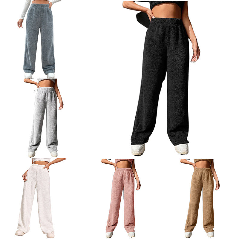 Women's Plush Lounge Pants with High Elastic Waistband and Wide Leg Chichicherry