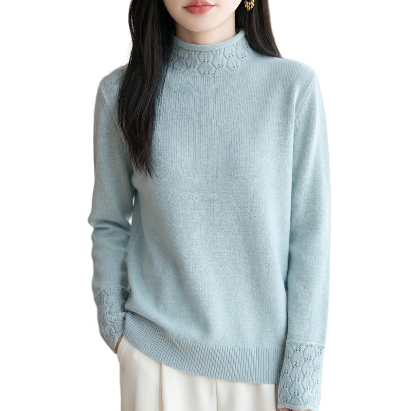Ladies Mockneck fine knit pullover with eyelet detail at collar and cuffs Chichicherry